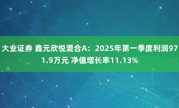 大业证券 鑫元欣悦混合A：2025年第一季度利润971.9万元 净值增长率11.13%